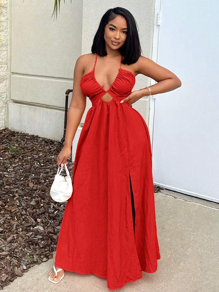 Alexandranx Crisscross Tie Backless Halter Swing Dress Maxi Women