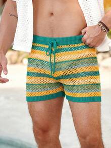 Manfinity Swimmode Men's Vacation Casual Multicolor Hollow Out Knitted Shorts Beach Clothes For Men Men Swim Trunks Beach Shorts Shorts For Men Beach Outfit For Men Beach Shorts For Men Shorts For Summer Swim Trunks For Men - Multicolor - View 5