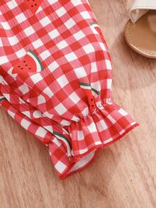 SHEIN 女婴夏季连体衣，饰有可爱的草莓刺绣、草莓印花和黑白格子图案，休闲可爱户外装扮 - 紅色 - 查看 5