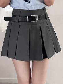 FRIFUL Women's Summer/Spring Solid Color Pleated Short Lining Shorts, Loose Casual Versatile Slim Fit Mini Skirt - Grey - View 3
