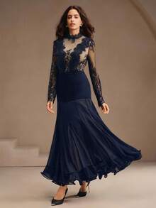 Gaun Anewsta Wanita Elegan Romantis Berbahan Renda Lengan Panjang dengan Potongan Pas Badan dan Hiasan Rumbai di Bagian Bawah - Navy Blue - View 5