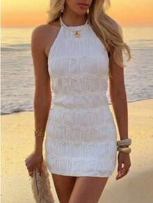 Aloruh 女士亮片装饰迷你连衣裙，派对/鸡尾酒会，春夏款 - 杏色 - 查看 1