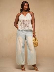 SHEIN BAE Plus Size Lace Patchwork Halter Neck Tie Seashell Tassel Blouse,White Summer Elegant Party Wedding Guest Boho Camisole Top,Textured Beach Vacation Top - Apricot - View 1