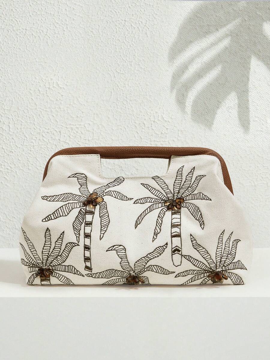 SHECARRY 女士手拿包，图案刺绣，串珠，时尚，优雅，简约，个性化，百搭，适合海滩、度假、假日、夏季、海边、沙滩派对、约会、日常、购物、下午茶等场合，沙滩包 - 米色 - 查看 1