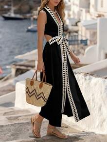 Hotletica 无袖V领几何花卉印花腰部系带蝴蝶结露背镂空长款连衣裙，时尚百搭，适合女性 - 彩色 - 查看 4