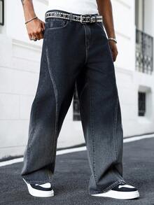 Manfinity EMRG Men's Fashion Casual Luxury Commuter Ombre Washed Design Straight Leg Wide Jeans - Black - View 8