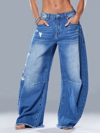 Denimoi Women's Casual Washed Distressed Flare Leg Jeans