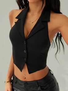 SHEIN PETITE 秋冬季女士翻领露背无袖前扣西装外套 - 黑色 - 查看 1