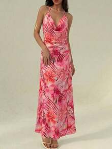 Swim Vcay 女士长款印花连衣裙，垂褶领露背A字夏季沙滩度假连衣裙 - 粉色 - 查看 5