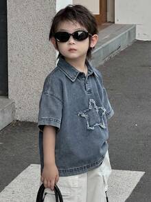 Dazy Kids 幼儿男童宽松休闲牛仔T恤，星形图案，夏季 - 藍色 - 查看 5