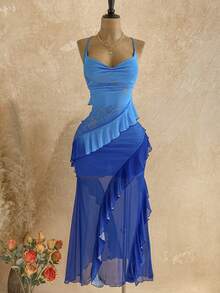 Soleia Đầm nữ in họa tiết hoa cổ điển nhiều màu sắc, cổ xếp ly, gấu đầm bồng bềnh, kiểu dáng đi nghỉ mát. - Màu xanh lam - Xem 6