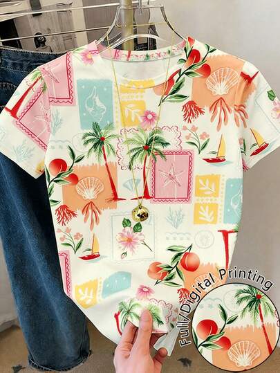 Resyla Women's Summer Casual Printed Round Neck Short Sleeve T-Shirt