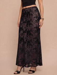 Olia Maree Olia Maree Chân váy dáng đuôi cá thanh lịch bằng vải lưới họa tiết hoa dành cho nữ - màu đen - Xem 4