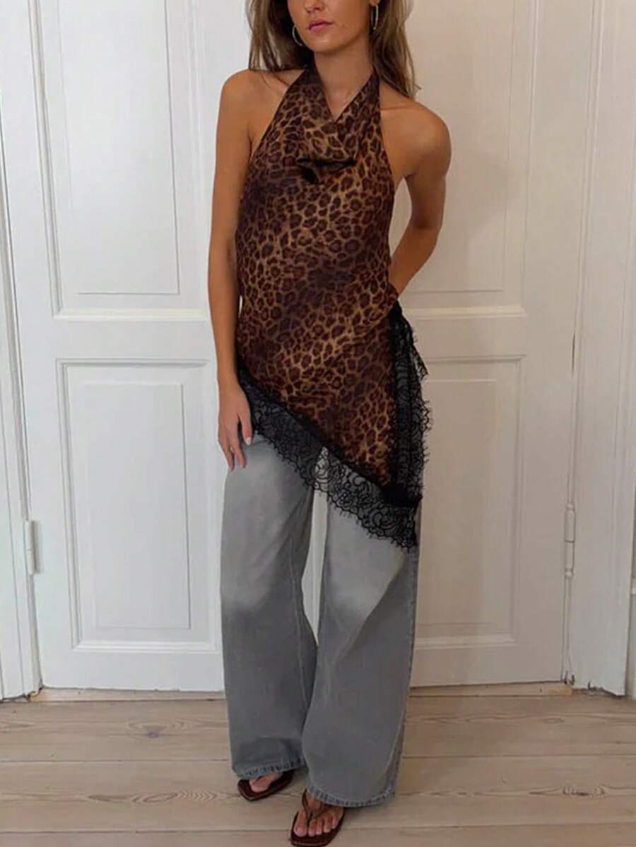 Siren Gaze Top halter sin espalda con dobladillo asimétrico, estampado de leopardo y ribete de encaje, para mujer, para el verano - Multicolor - Ver 1