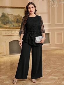 Reflora Conjunto de 2 piezas de talla grande elegante para ir al trabajo con top de encaje y pantalones de unicolor - Negro - Ver 5