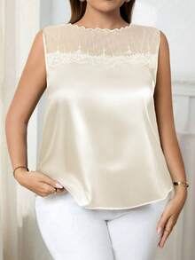 Chikora Plus Size Fashionable Elegant Mesh Patchwork Sleeveless Tank Top - Apricot - View 4
