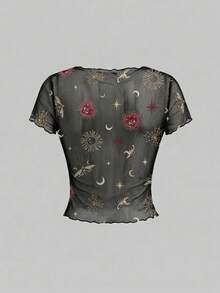 ROMWE Goth 哥特式宫殿优雅夏季薄纱性感短袖上衣 - 黑色 - 查看 2