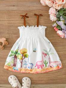 SHEIN Baby Girl Cartoon Printed Shirred Panel Summer Dress - White - View 2