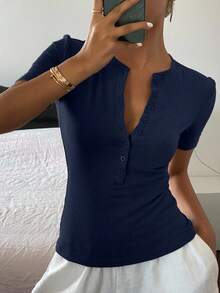 DAZY Women's Summer Fitted Regular-Shoulder Short Sleeve Casual T-Shirt - Navy Blue - View 6