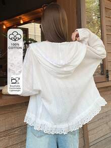 女士连帽长袖宽松纹理面料蕾丝拼接休闲度假风常规外套 - 白色 - 查看 1