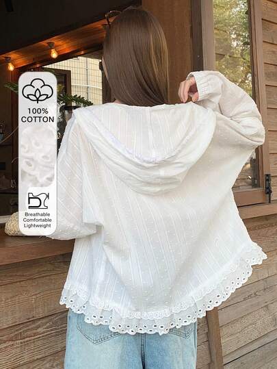 DAZY Women's Hooded Long Sleeve Loose Textured Fabric Lace Patchwork Casual Vacation Style Regular Jacket