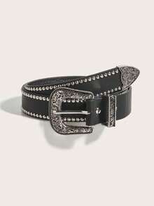 Whyspr 1 件女士纯色 PU 皮革休闲复古可爱朋克摇滚风格铆钉腰带，适合所有季节夏季、学校秋季、秋季、万圣节 - 黑色 - 查看 2