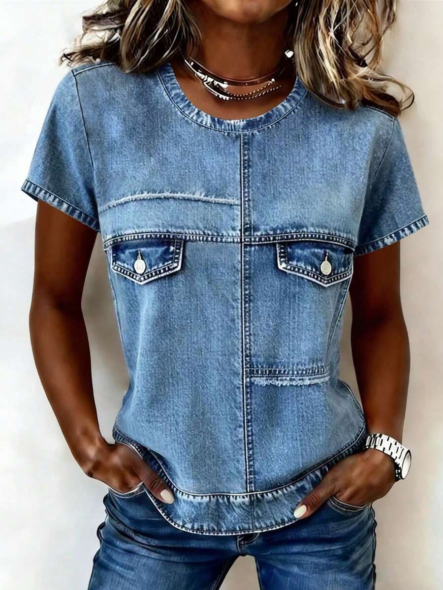 EMERY ROSE Camiseta de manga corta de cuello redondo casual y versátil para uso diario de mujer - Multicolor - Ver 1