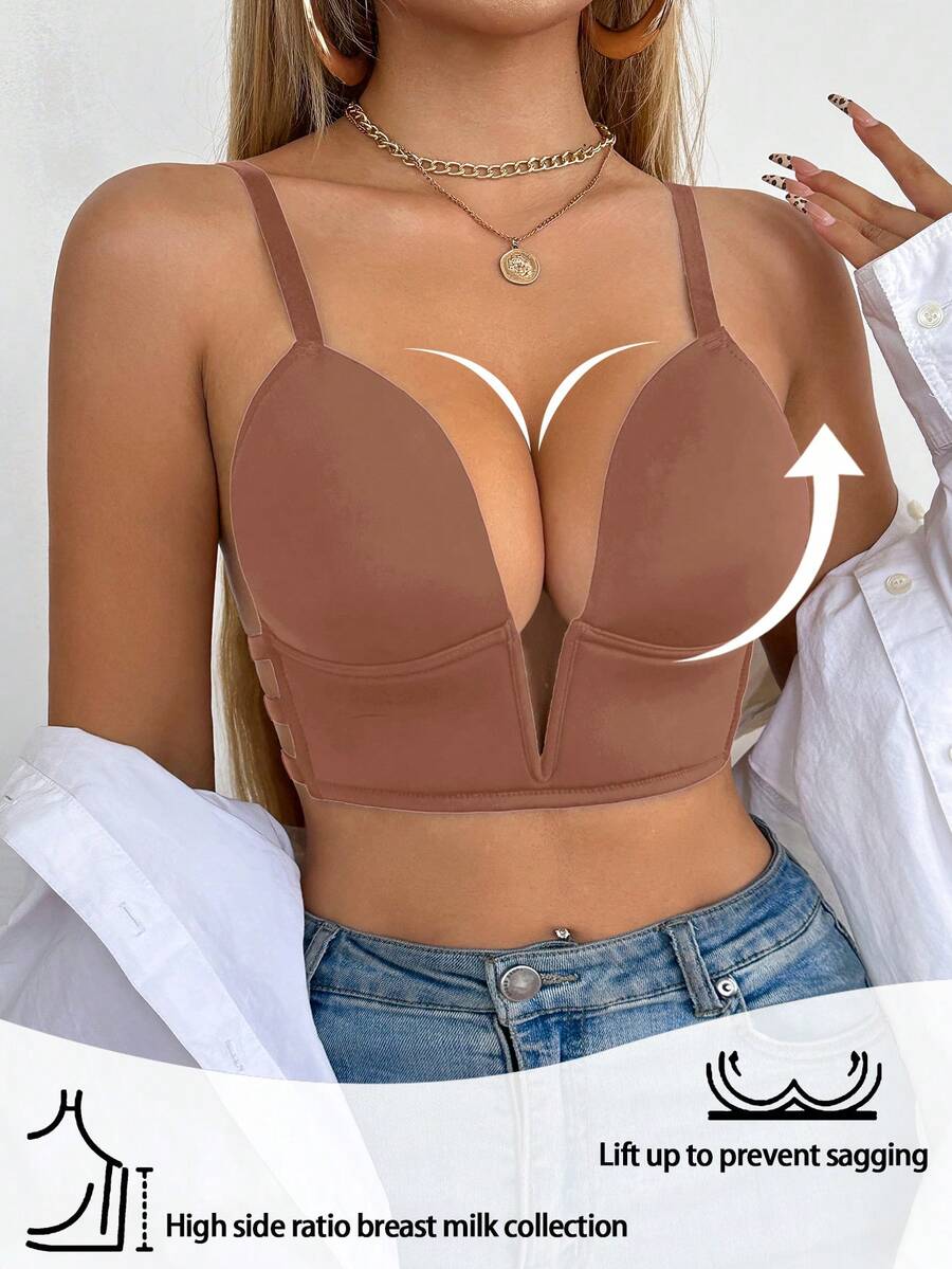 SHEIN 1pc Women Deep V-Neck Backless Bra - Brown - View 1