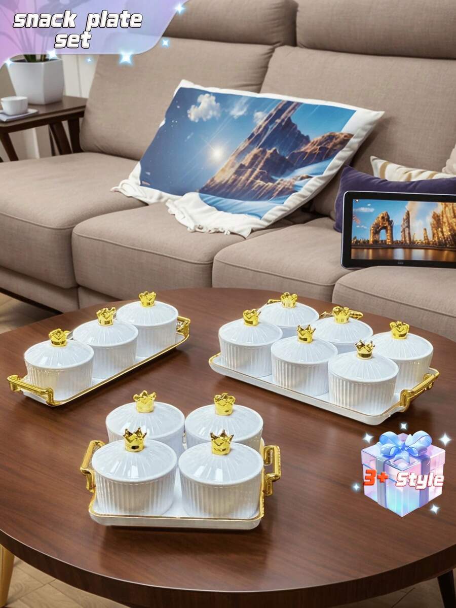 Satu set piring dan nampan camilan berdesain mahkota, sempurna untuk menyimpan camilan, permen, buah kering, dan kue; ideal untuk pernikahan dan acara-acara lainnya. - Putih - View 1
