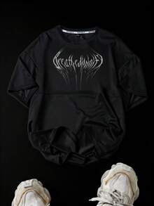 RISE LYT 男士休闲时尚街头字母印花落肩宽松运动T恤，夏季 - 黑色 - 查看 5