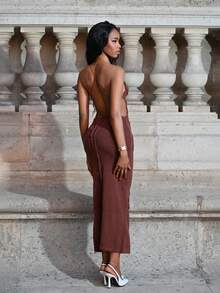 Mima John 手工钩编修身无袖碎花连衣裙，浪漫海滩度假/约会装，春夏派对装 - 咖啡 - 查看 2