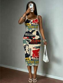 Slaydiva Vestido casual de talla grande con estampado de cartel vintage de calle, adecuado para festivales de música, verano - Multicolor - Ver 3