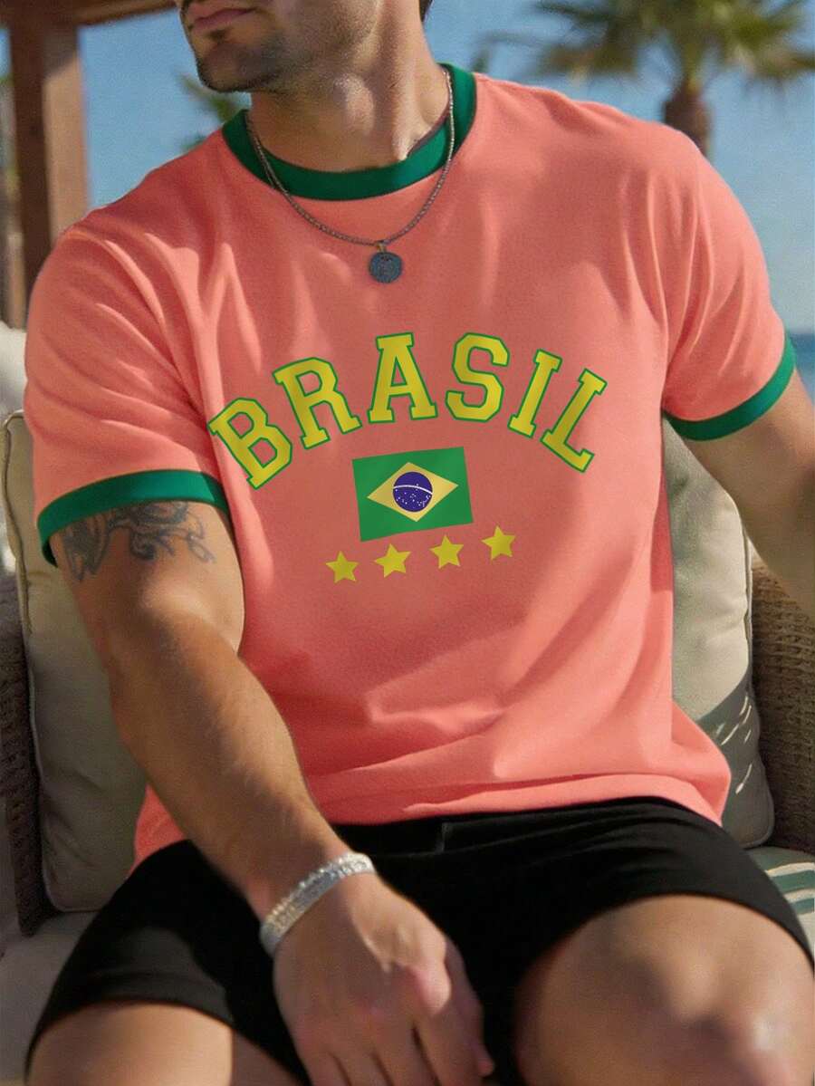 Manfinity Homme Áo thun nam Manfinity Hypemode phối màu, màu xanh lá cây và vàng, họa tiết thể thao bóng đá Brazil và chữ in nổi bật, tay ngắn phối màu tương phản. - trái cam - Xem 1