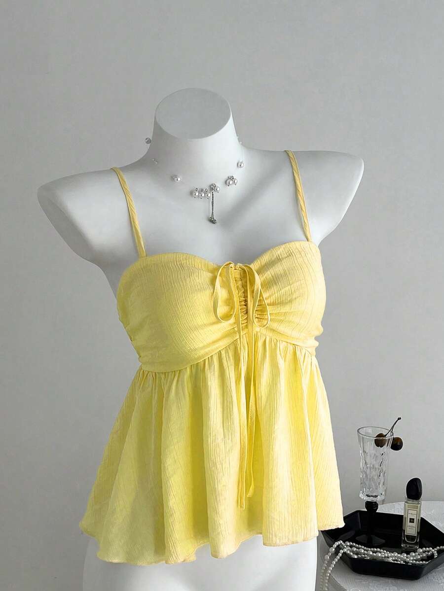 Franclia Petite 女款可愛純色百褶布料粉色細肩帶背心上衣,適合夏季,小碼女款 - 黃色 - 查看 1