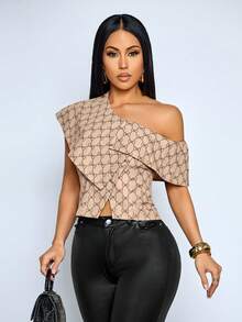 SOLERSUN Khaki Bow Print Sleeveless Asymmetric Off-Shoulder Ruffle Button-Down Open-Front Shirt, Elegant And Stylish For Everyday Casual Wear - Khaki - View 6