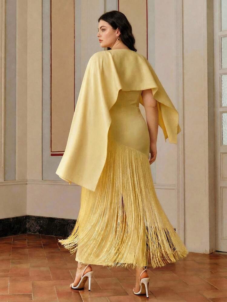 Plus Size Women's Elegant Yellow Shawl Collar Long Dress, Fringe Hem Design Adds Romantic Vibe, Suitable For Parties, Weddings, Spring, Summer, Holidays, Vacations