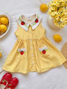 女宝宝夏季可爱黄色格子草莓图案彼得潘领连衣裙 - 黃色 - 查看 1