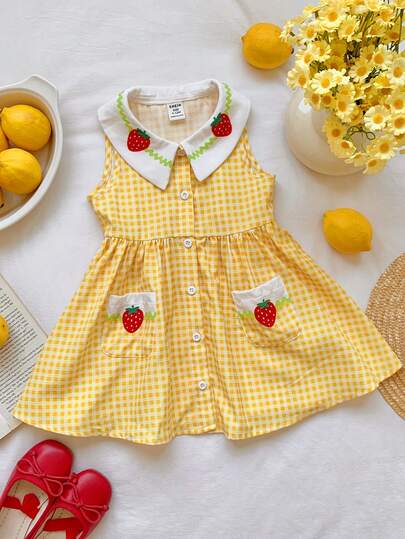 Baby Girl Summer Cute Yellow Plaid Strawberry Pattern Peter Pan Collar Dress
