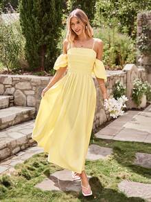 KARISMINA Robe tissée de couleur unie pour femmes, convient pour les vacances de printemps/été - Jaune d'oie - Voir 6