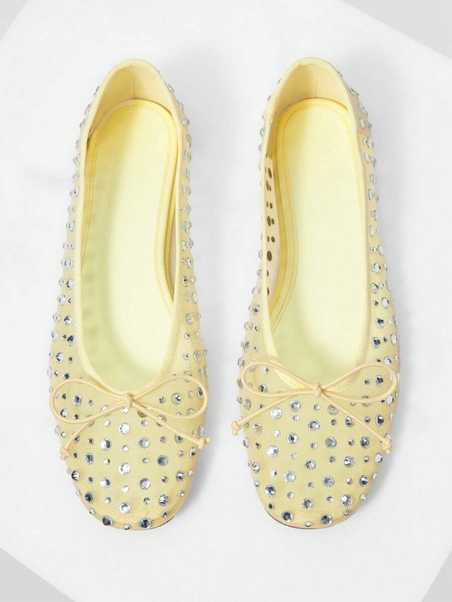 MOTF PREMIUM 女士新款欧美时尚网面水钻蝴蝶结小圆头平底鞋，百搭舒适轻便，简约芭蕾舞鞋，优雅仙女风，春季舞蹈鞋 - 黃色 - 查看 1