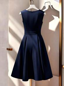 GlowEve CURVE Plus Size Summer Casual Minimalist Button Decor Sleeveless Dress - Navy Blue - View 2