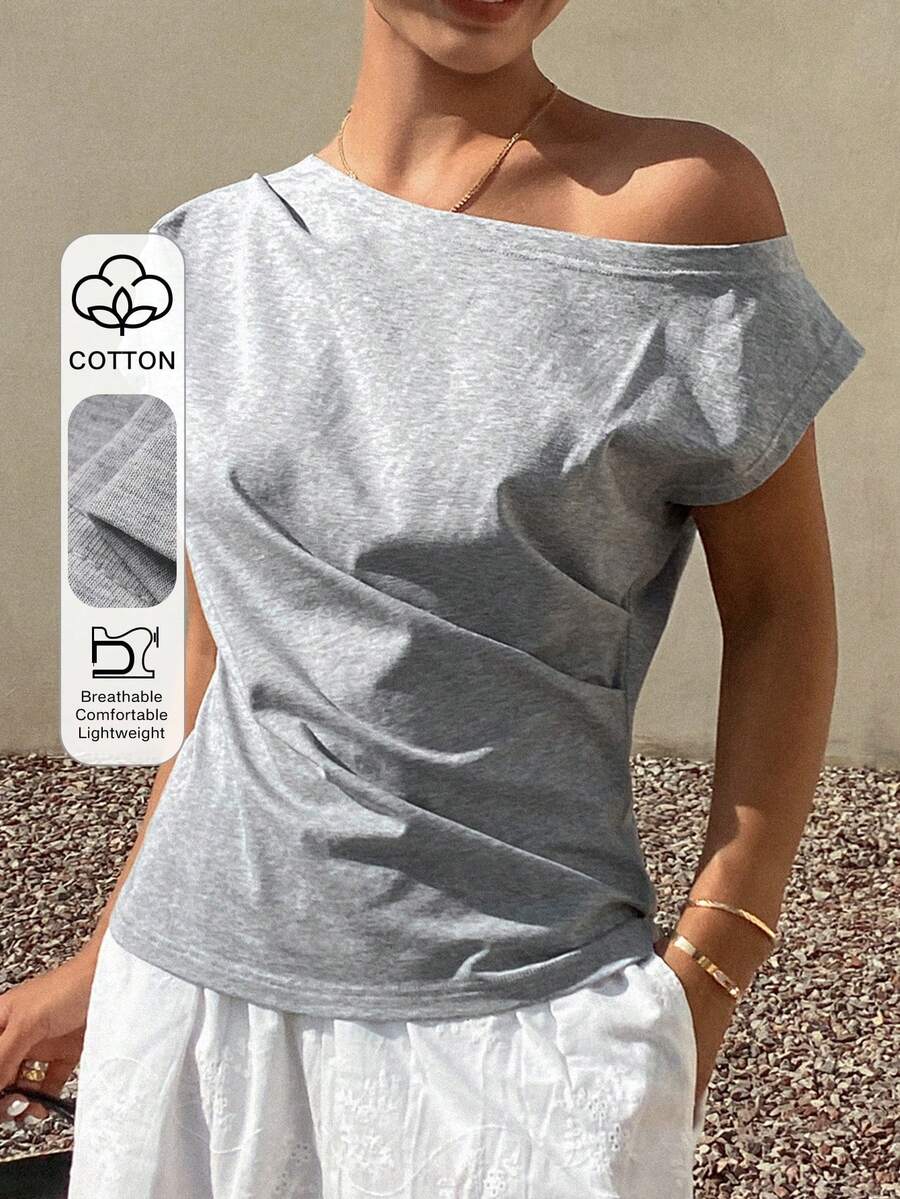 DAZY Striped Open Shoulder Ruched Bodycon Short Sleeve T-Shirt For Women Summer - Grey - View 1