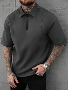 Manfinity Homme 大尺碼男士拼接設計 Polo 衫，深灰色，夏季休閒度假款，時尚四分之一拉鍊高爾夫襯衫，短袖拉鍊領上衣，正式風 - 灰色 - 查看 5