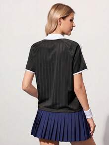 CourtClass Women's Sporty Casual Contrast Color Polo Collar Short Sleeve Tennis Shirt - Black - View 2