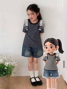 Dazy Kids Young Girl Casual Striped Round Neck Short Sleeve T-Shirt, Summer - Navy Blue - View 1