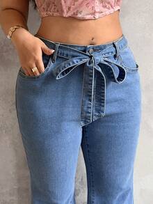 Sunnyshic Plus Size Women High Waist Slim Fit Tie-Waist Flare Leg Jeans - Blue - View 4