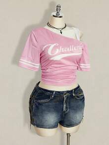 SHEIN ICON T-shirt de basketball 2 en 1 à épaule oblique pour femmes grandes tailles - Rose bonbon - Voir 9
