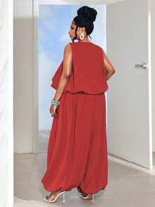 Maweii Conjunto de 2 piezas de top sin mangas y pantalones de unicolor minimalista talla grande - Rojo - Ver 2