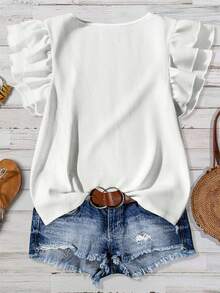 SHEIN LUNE Blusa de mujer casual de algodón puro con cuello redondo, mangas con doble volante y unicolor, estilo minimalista para primavera y verano - Blanco - Ver 2