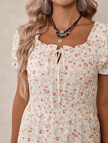 LanaWest Ditsy Floral Square Neck Lace Patchwork Elegant Short Sleeve Dress - Apricot - View 6
